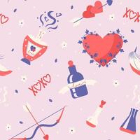 Valentine's Day celebration, seamless pattern with love potion bottles in the shape of a heart, bow and arrow of love in doodle style vector