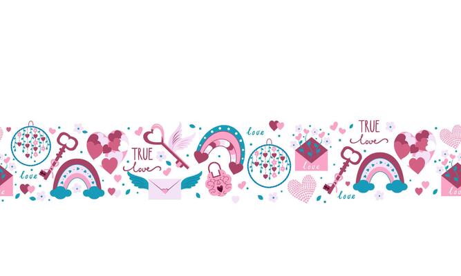 Border of valentine's day symbols on white background. Valentines day flat icons in pink colors. Symbols of love - heart, arrow, valentine, gift, flower, key, lock, message, rainbow, potion, bird