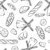 Windmill, assorted bread black white seamless pattern. Loaf bread, challah, rustic rye round, ciabatta and buns in line art. Bakery goods on monochrome repeat background for packaging, textile. vector