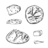 Rustic rye round bread top view black white illustration isolated. Sourdough rye bread piece and butter curl hand drawn by ink monochrome sketch. Pumpernickel bread side view for bakery. vector
