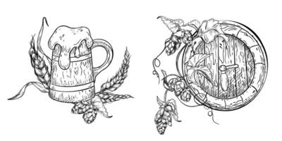 Set of beer objects. wooden beer mug and barrel, wheat ears and hops on vine black white illustrations isolated. Tankard with foam beer and plants hand drawn for label, packaging, craft brewery vector