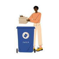 African American Man Throwing Paper Waste into Garbage Container, Guy Sorting Waste for Further Processing Illustration vector