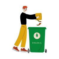 Young Man Throwing Organic Waste into Garbage Container, Guy Sorting Waste for Further Processing Illustration vector