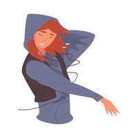 Smiling Girl in Hoodie Listening to Music with Earphones and Dancing, Happy Girl Using Smartphone or Audio Player Illustration vector