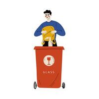 Young Man Throwing Glass Waste into Garbage Container, Guy Sorting Waste for Further Processing Illustration vector