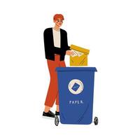 Young Man Throwing Paper Waste into Garbage Container, Guy Sorting Waste for Further Processing Illustration vector
