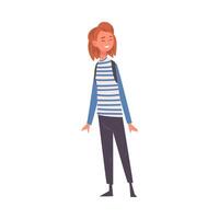 Smiling Girl Wearing Pants and Striped Jumper Standing with Backpack, Happy Student in Casual Clothes Illustration vector