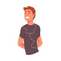 Smiling Guy Wearing Earphones Listening to Music, Happy Boy Using Smartphone or Audio Player Illustration vector