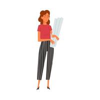 Female Architect Character, Professional Construction Worker Engineer with Projects Blueprints Illustration vector