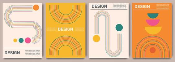 Set of retro style abstract poster with geometric pattern and vibrant color. .Retro wall decoration, groovy, trippy, colorful line. Vintage hippie wall art for interior, decorative, banner, background vector