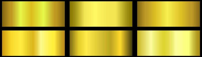 Gold gradients metallic gradients set. Golden gradient color set. Set of gold and yellow gradients. Dishes with a shiny gold effect. Metallic gold, bronze metal patterns set. Gradient color vector