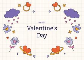 Hand-Drawn Valentine's Day in retro trend style. Frame from romantic elements retro hearts, flowers, and clouds vector