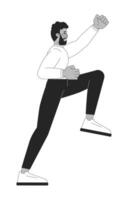 Black businessman climbing with optimistic determination black and white 2D line character. Career ambition. Professional man isolated outline person. Monochromatic spot illustration vector