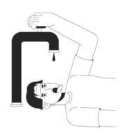 Water scarcity black and white 2D illustration concept. Drought environmental issue. Thirsty asian man struggling with dry tap and droplet outline character isolated. Metaphor monochrome art vector