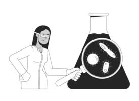 Microbiologist analyzing water sample black and white 2D illustration concept. Female scientist in lab coat inspecting microorganisms outline character isolated. Metaphor monochrome art vector