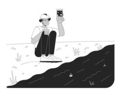 Field worker testing river water quality linear illustration. Fieldwork. Environmental scientist water contamination sample 2D line character isolated on white. Monochrome outline image vector