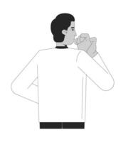 Thoughtful guy raising hand to mouth serious black and white 2D line character. Decision-making, problem-solving corporate man isolated outline person. Monochromatic spot illustration vector