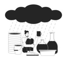 Rainwater harvesting black and white 2D illustration concept. Conservation. Caucasian man collecting rain water with various containers outline character isolated. Metaphor monochrome art vector