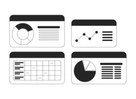 Business dashboard with pie charts and graphs black and white 2D line objects set. Data analysis, analytics reports isolated clip arts outline items collection. Monochrome spot illustrations vector