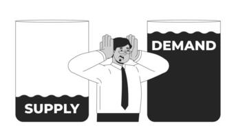 Water supply and demand crisis black and white 2D illustration concept. Resource scarcity issue. Professional man stressed about imbalance outline character isolated. Metaphor monochrome art vector