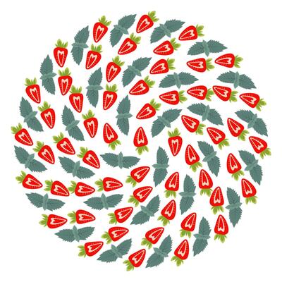 Stylized Strawberry with mint leaves Circular Background Texture in trendy shades. Summer fruit fond. Isolated illustration Thematic or menu cards, leaflets backdrop, label or web promo banner
