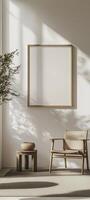 Modern living room interior with beige walls, beige armchairs and vertical mock up poster frame. 3d rendering photo