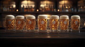 Beer glasses on the table in a pub. Beer glasses with beer. photo