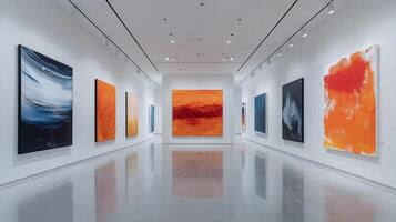 white art gallery with paintings pictures on the wall photo