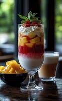 Mango yogurt with whipped cream and fresh fruits on wooden table. photo