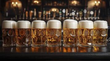 Beer glasses on the bar counter in the pub. Beer concept. photo