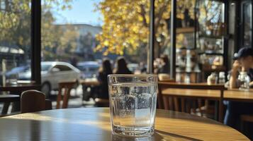 Glass of water on the table in a cafe. Selective focus. photo