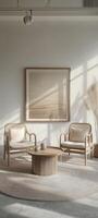Modern design living room interior with white walls, concrete floor, beige armchairs and wooden coffee table. 3d render photo