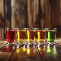 line of red yellow and green shots on dark wooden bar photo