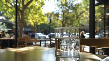 Glass of water on the table in a cafe Selective focus. photo