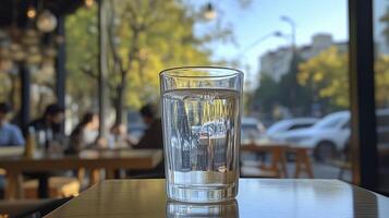 Glass of water on the table in a restaurant with blurred background. photo