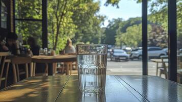 Glass of water on a wooden table in a cafe with a blurred background photo