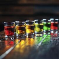 line of red and green yellow shots on dark wooden bar photo