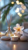 Beautiful spa composition with aroma sticks and candles on table in room photo