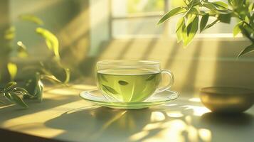 a glass cup of green tea on table photo