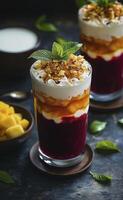 Healthy dessert with yogurt, mango and granola, selective focus image photo