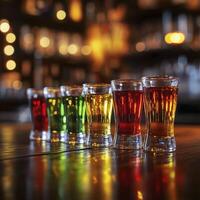 line of red yellow and green yellow shots on dark wooden bar photo