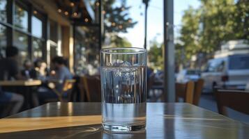 Glass of water on a table in a cafe, shallow depth of field photo