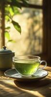 a glass cup of green tea near garden photo