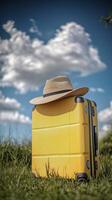 yellow suitcase is placed on the grass, with a blue sky and clouds in the background. The hat sits atop it photo