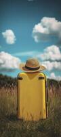 yellow suitcase is placed on hill, with a blue sky and white clouds in the background. The hat sits atop it photo