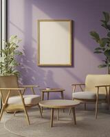 Interior of modern living room with purple walls, wooden floor, beige armchairs standing near round coffee table and vertical mock up poster. 3d rendering photo