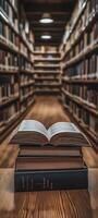 Books on the table in the library. Education concept. Back to school. photo