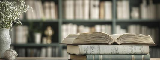 Open book on bookshelf in the library, education and knowledge concept photo