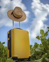 yellow suitcase is placed on the grass, with a blue sky and white clouds in the background. The hat hangs at top it photo