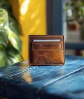 leather wallet on wood table photo
